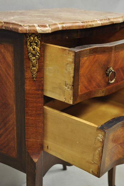 Antique French Louis XV Marquetry Inlay Marble Top Bombe Nightstand Side Table