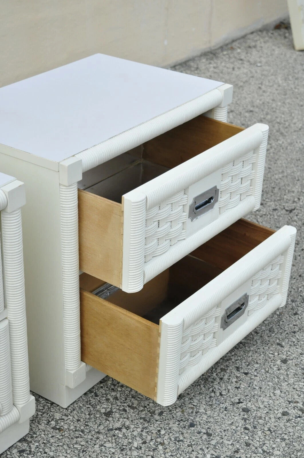 Vintage Hollywood Regency White Rattan Campaign Style Nightstands by Dixie Pair