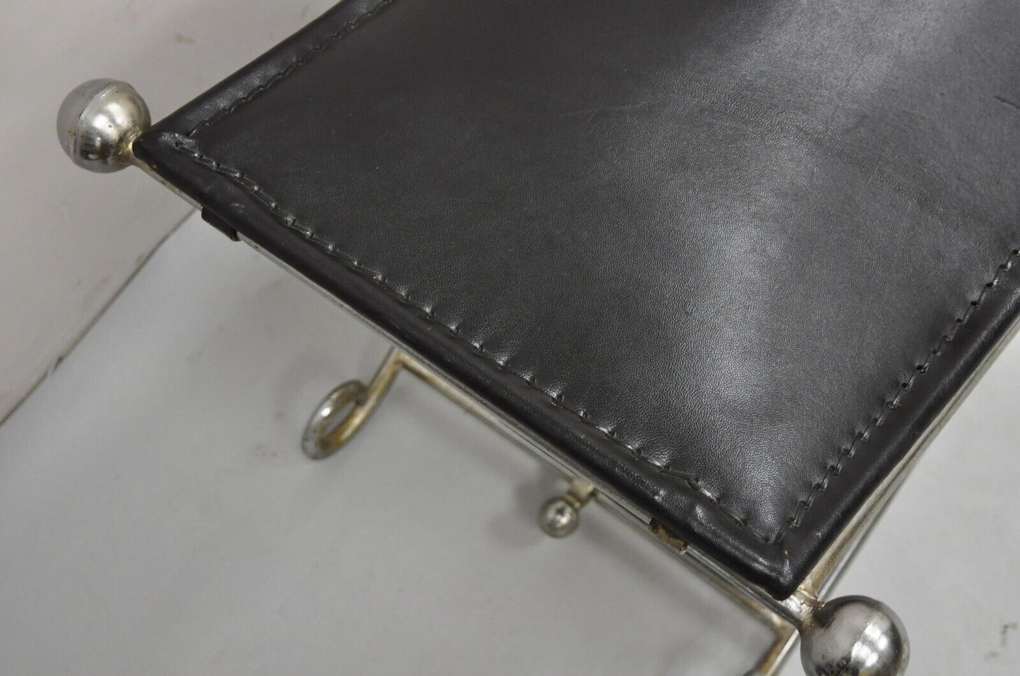Modern Regency Style Folding Iron Metal Bench w/ Black Saddle Leather Seat