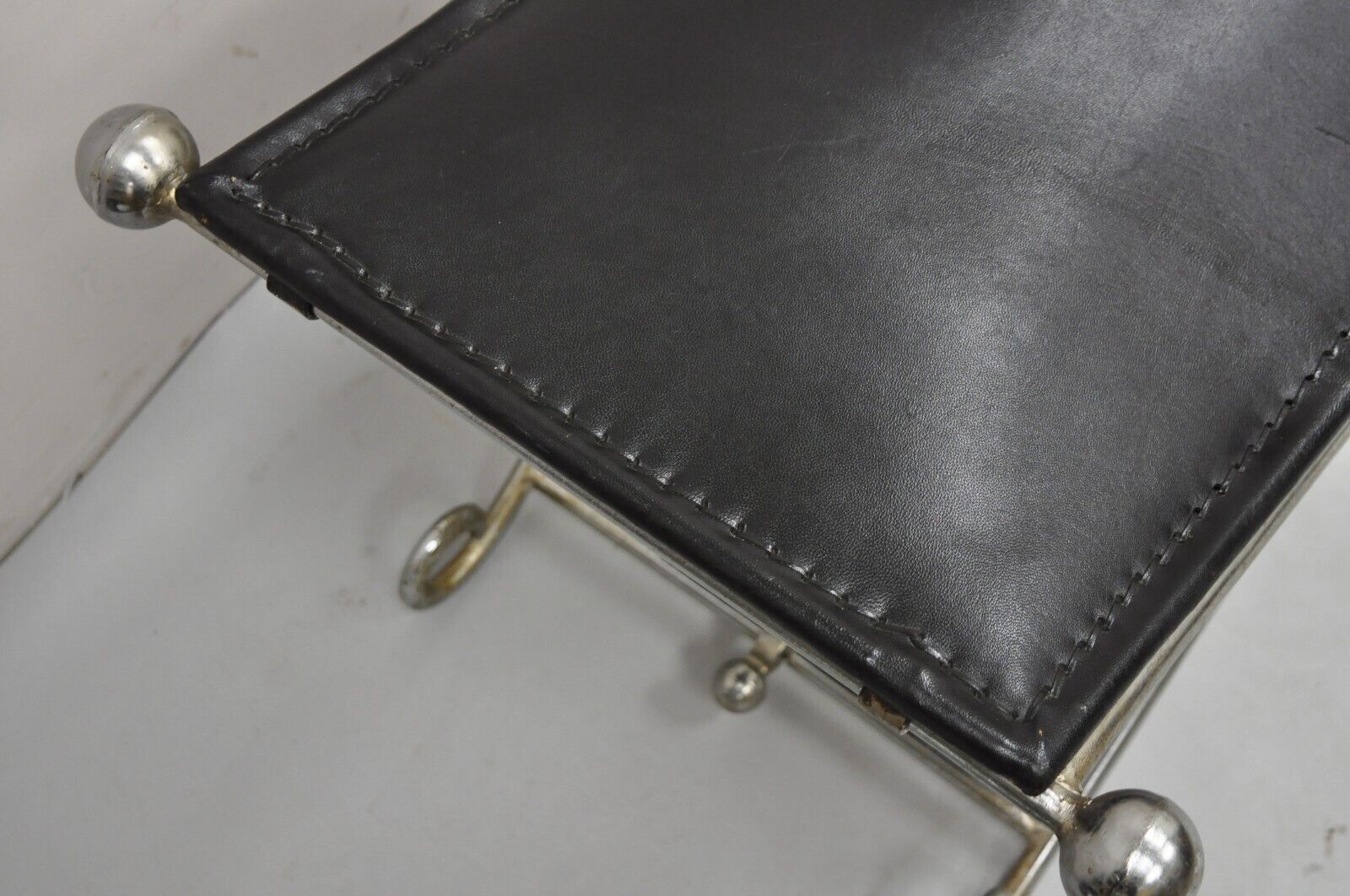 Modern Regency Style Folding Iron Metal Bench w/ Black Saddle Leather Seat