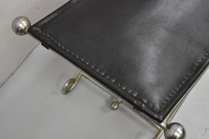 Modern Regency Style Folding Iron Metal Bench w/ Black Saddle Leather Seat