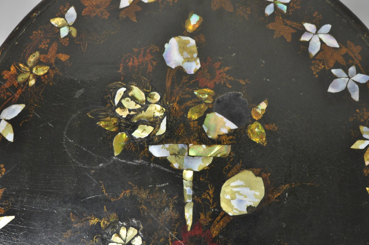 Antique English Victorian Mother of Pearl Inlay Black Lacquer Tilt Top Table