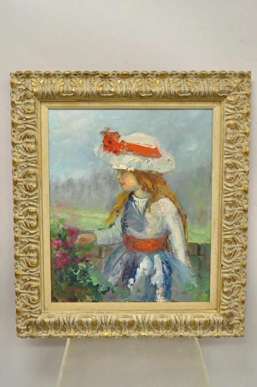 Zaza Meuli (b. 1892) Oil on Canvas Impressionist Painting Girl in Hat Orange Bow