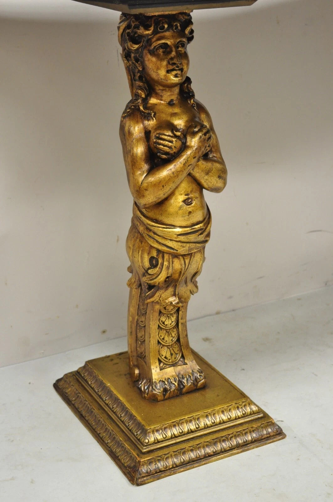 Vintage French Renaissance Victorian Style Gold Figural Marble Top Console Table