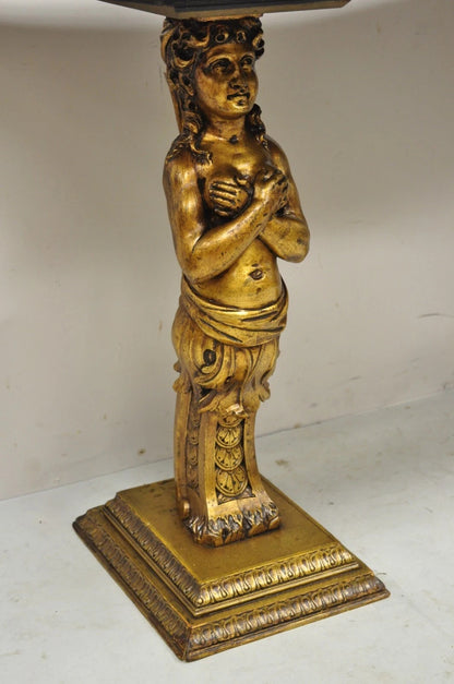 Vintage French Renaissance Victorian Style Gold Figural Marble Top Console Table