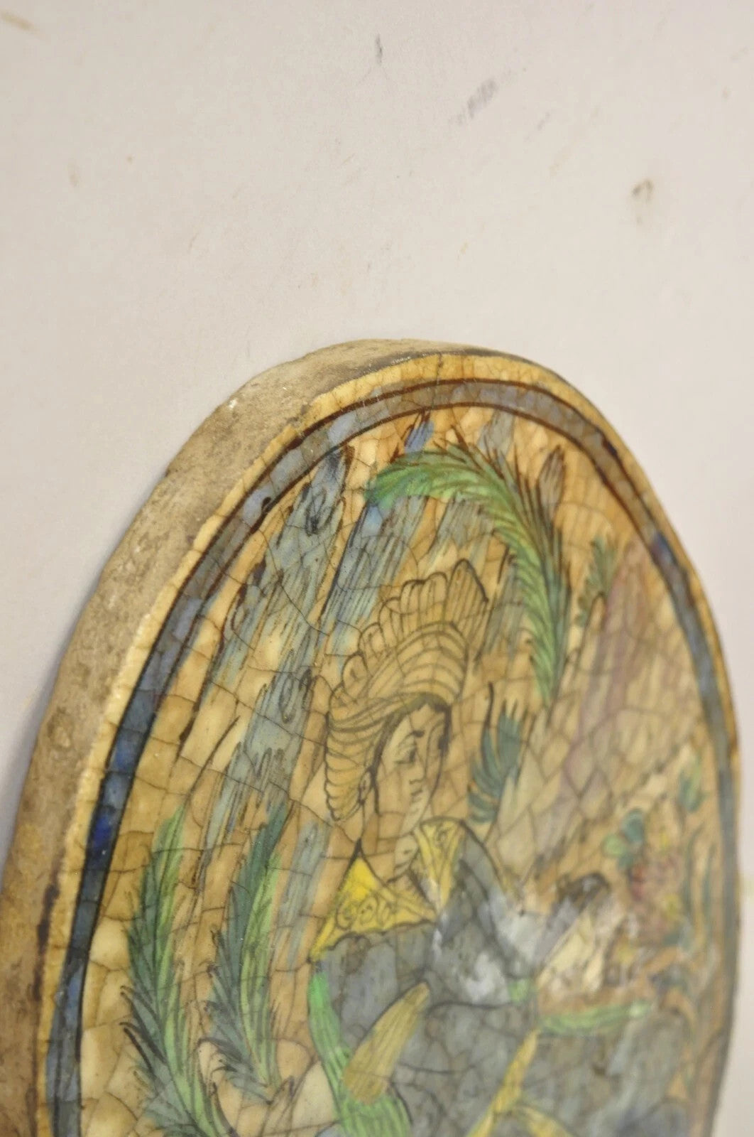 Antique Persian Iznik Qajar Style Ceramic Pottery Oval Tile Kneeling Woman C3