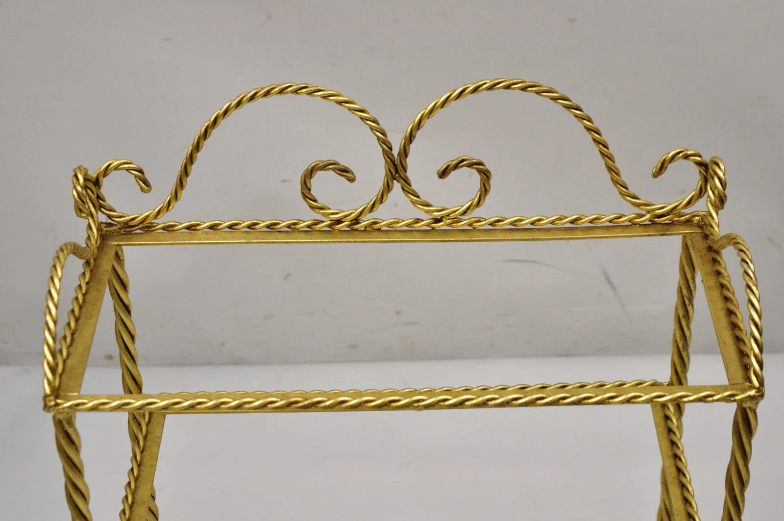 Italian Hollywood Regency Gold Gilt Iron 3 Tier Shelf Small Display Stand (A)