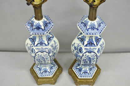 Vintage Chinoiserie Blue & White Porcelain Urn Bird Painted Table Lamps - a Pair