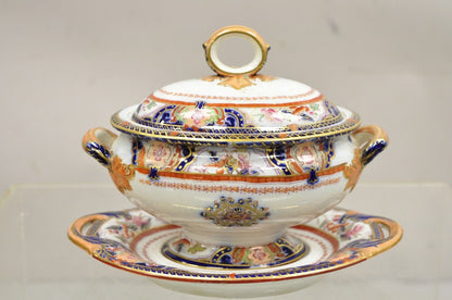 Antique English Ironstone Diamond Patent Covered Sauce Tureen with Underplate