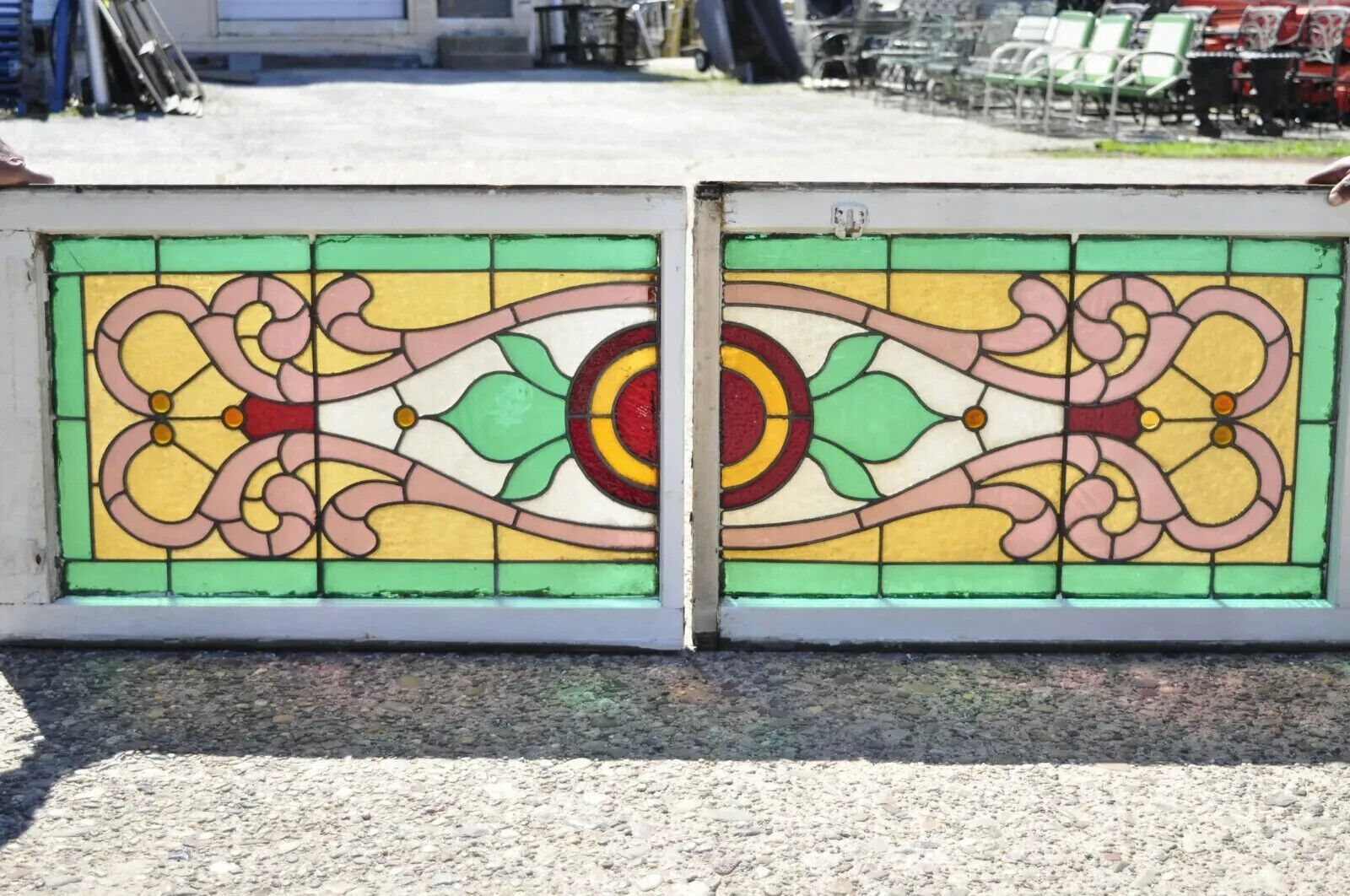 Antique Art Nouveau Stained Glass Pink Green Orange Windows w/ Jewels - Pair