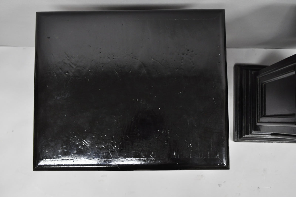 Vintage French Empire Style Black Lacquer Painted Pedestal Column End Table Pair