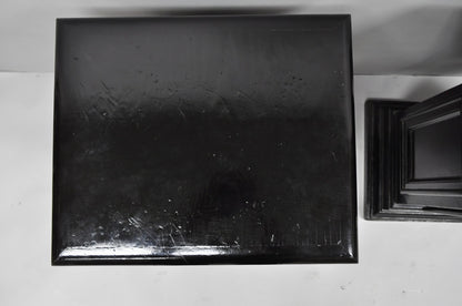 Vintage French Empire Style Black Lacquer Painted Pedestal Column End Table Pair