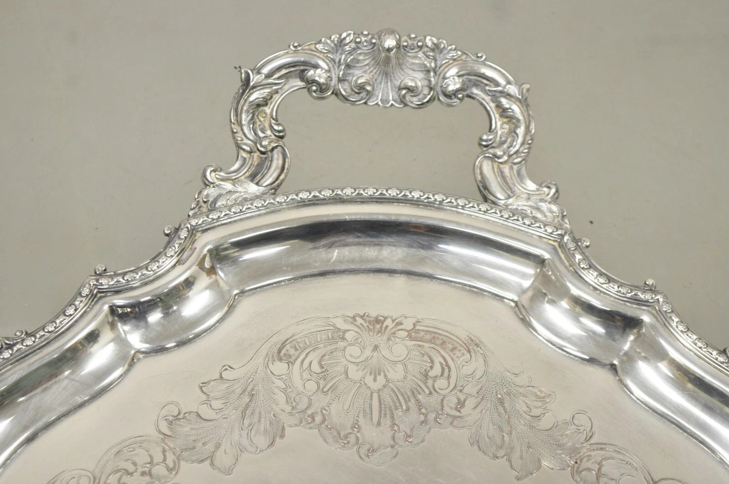 Antique English Victorian Silver Plated Ornate Oval Serving Platter Bar Tray