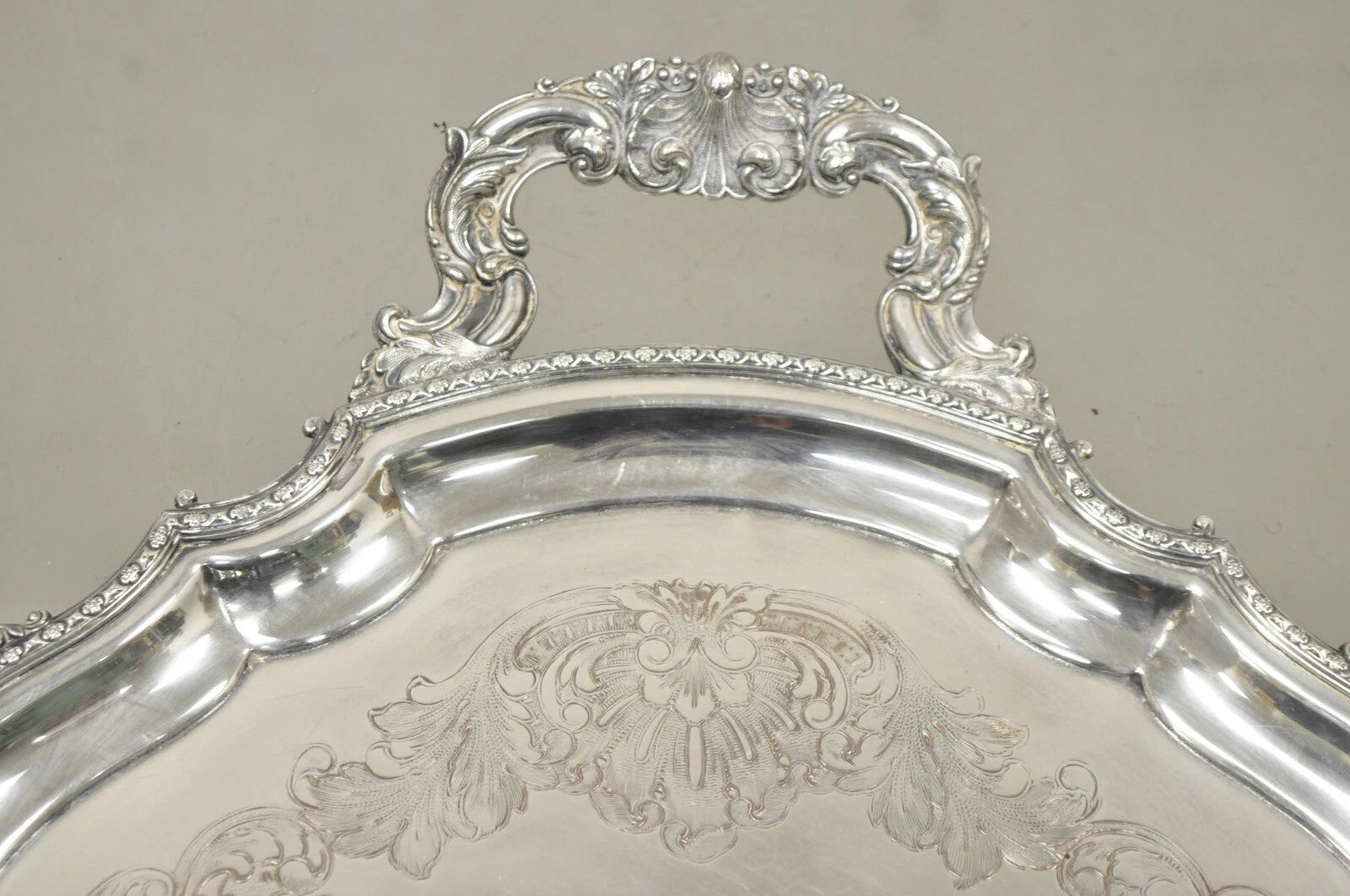 Antique English Victorian Silver Plated Ornate Oval Serving Platter Bar Tray