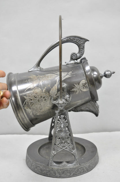 Antique English Victorian Silver Plated Tilting Coffee Pot on Stand w/ Engraving