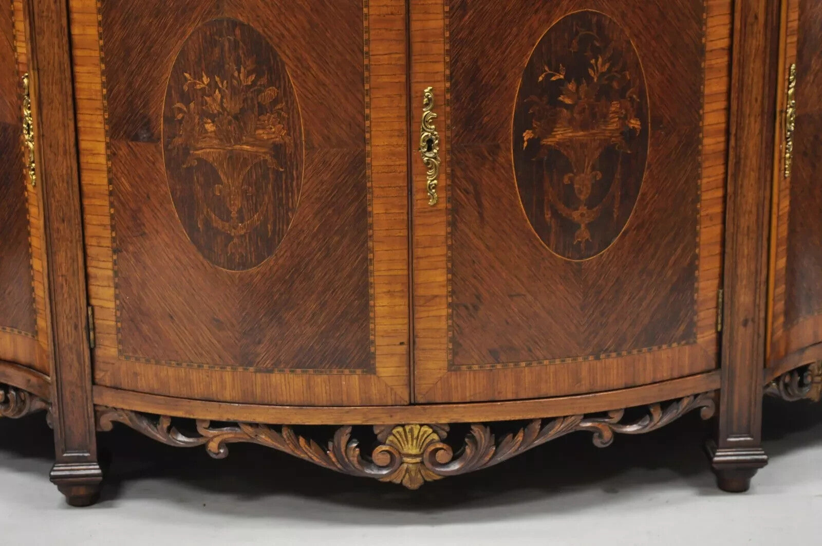 French Renaissance Louis XV Marble Top Marquetry Inlay Sideboard Buffet Commode