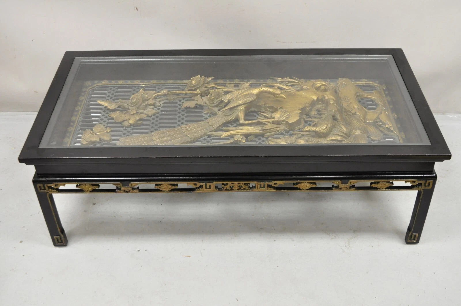 Vintage Chinese Relief Carved Ho ho Bird Glass Top Display Oriental Coffee Table