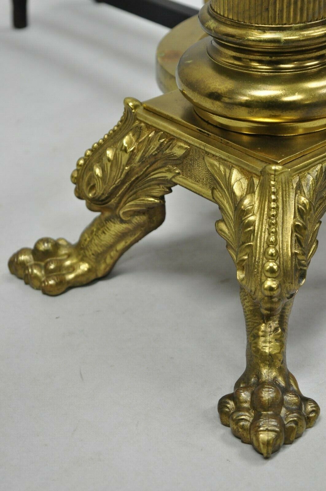 Large Pair 19th C. 32" Bronze French Empire Paw Foot Column Fireplace Andirons