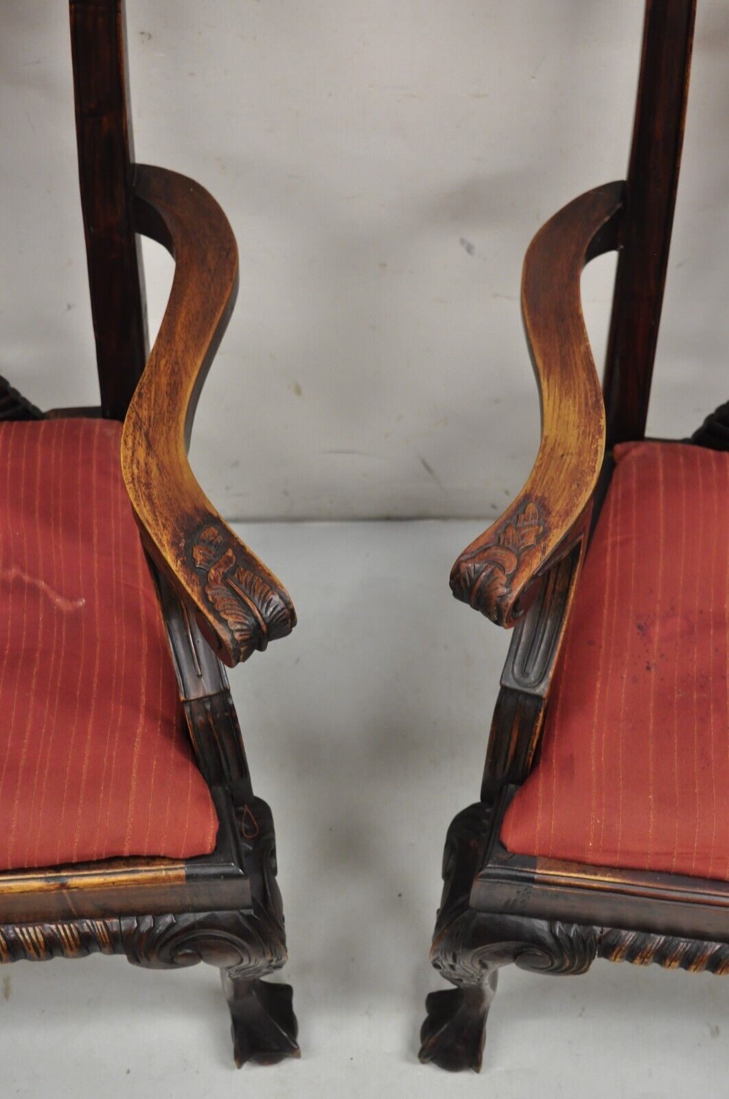 Chippendale Style Mahogany Carved Ball and Claw Dining Arm Chairs - a Pair