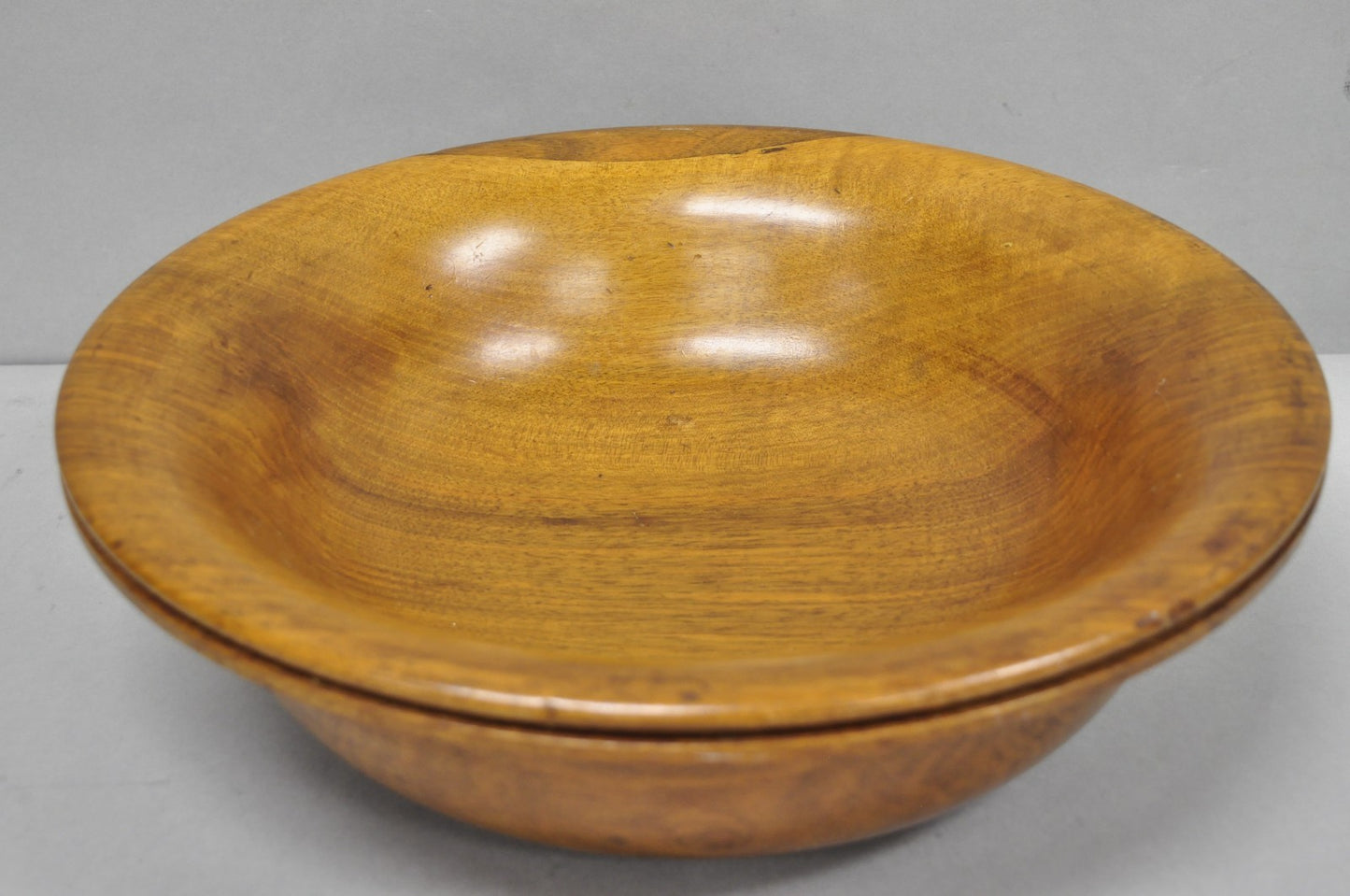 Vintage Mid Century Modern Turn Carved Double Rim Walnut Wooden Salad Fruit Bowl