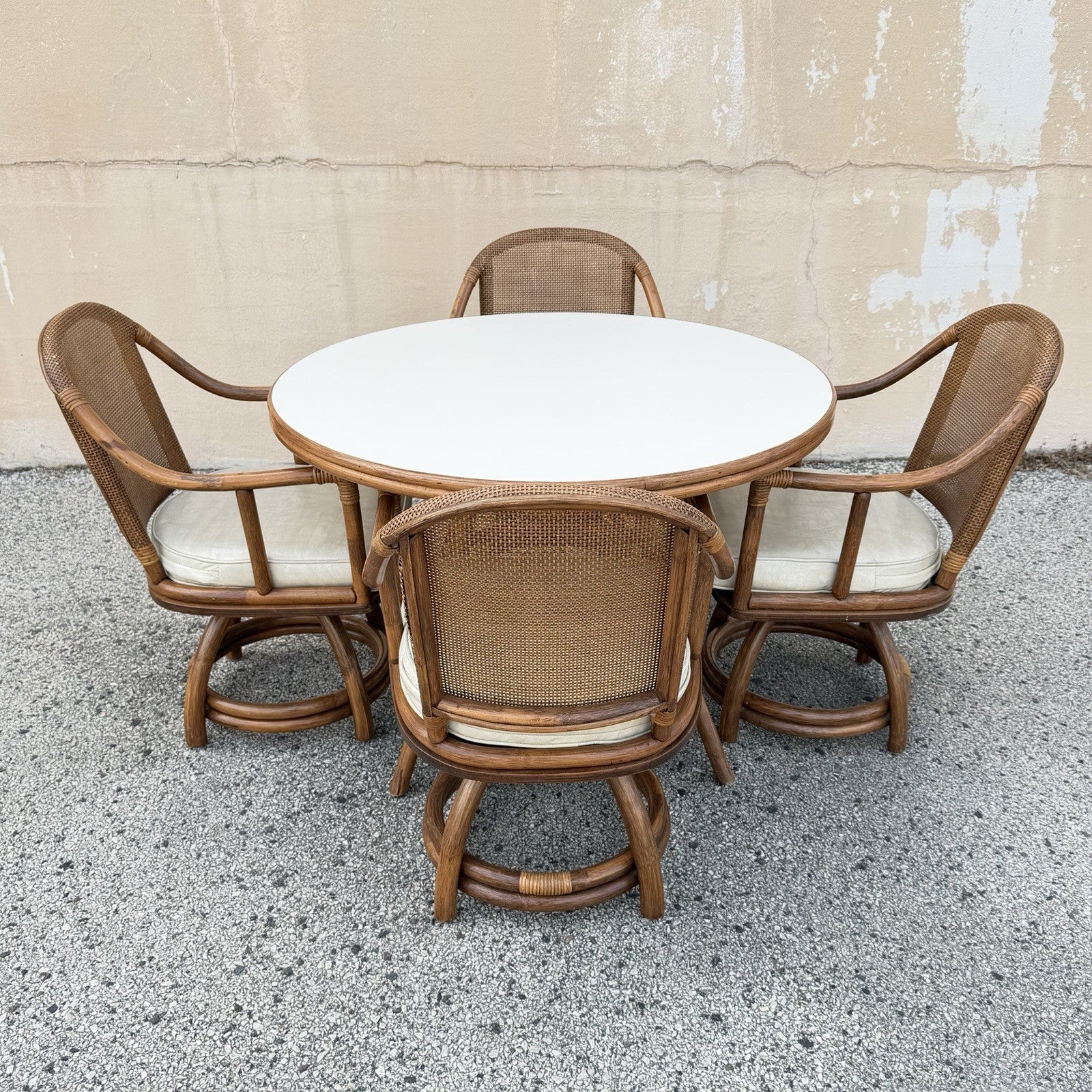 Vintage Hollywood Regency Bentwood Rattan Bamboo Swivel Chair Dining Set - 5 Pcs