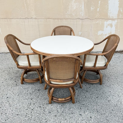 Vintage Hollywood Regency Bentwood Rattan Bamboo Swivel Chair Dining Set - 5 Pcs