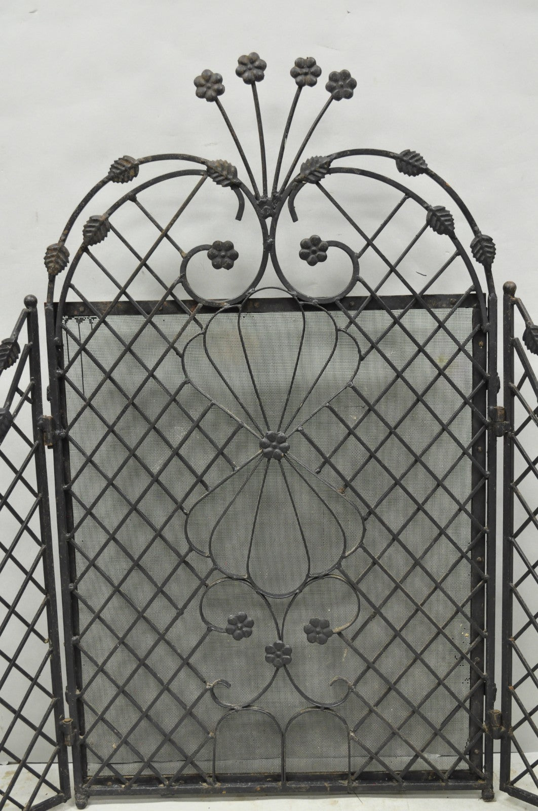Antique Gothic Arts & Crafts Wrought Iron Scrolling Folding Fireplace Screen