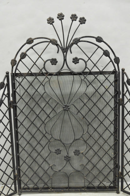 Antique Gothic Arts & Crafts Wrought Iron Scrolling Folding Fireplace Screen