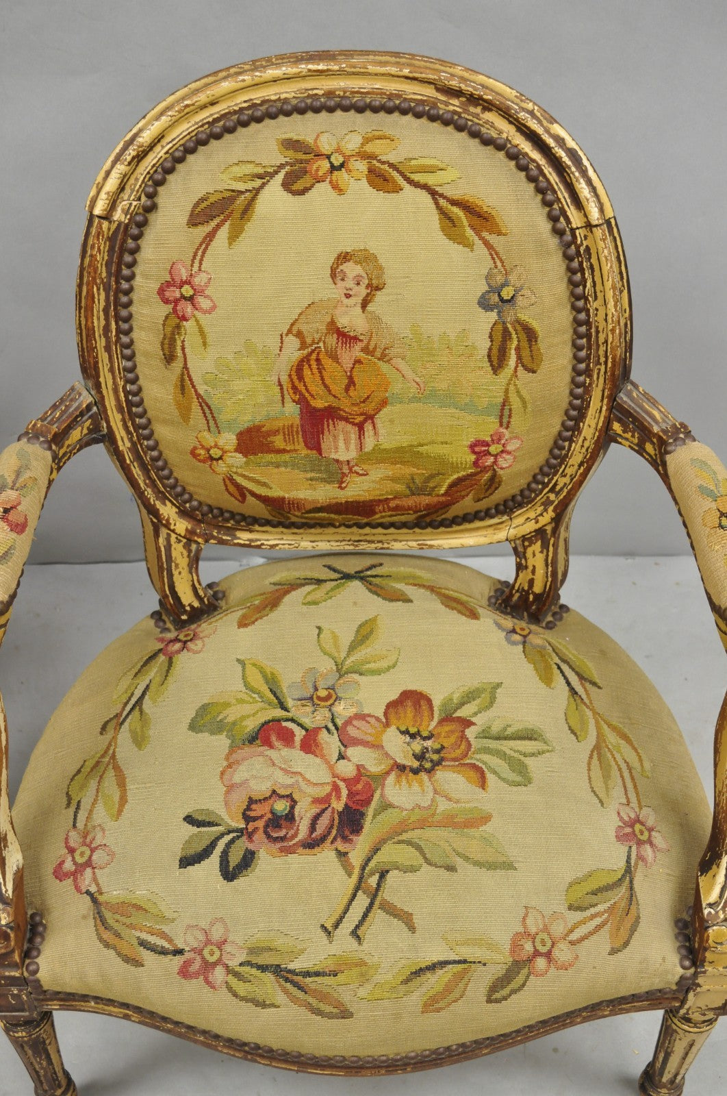 Antique French Louis XVI Style Aubusson Tapestry Fauteuil Arm Chairs - a Pair