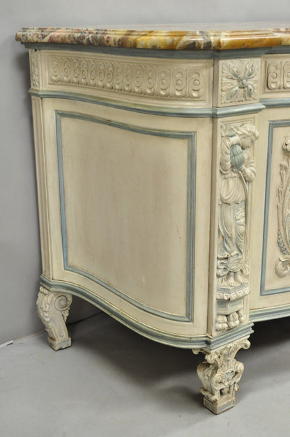 French Renaissance White Blue Painted Figural Carved Marble Top Buffet Commode
