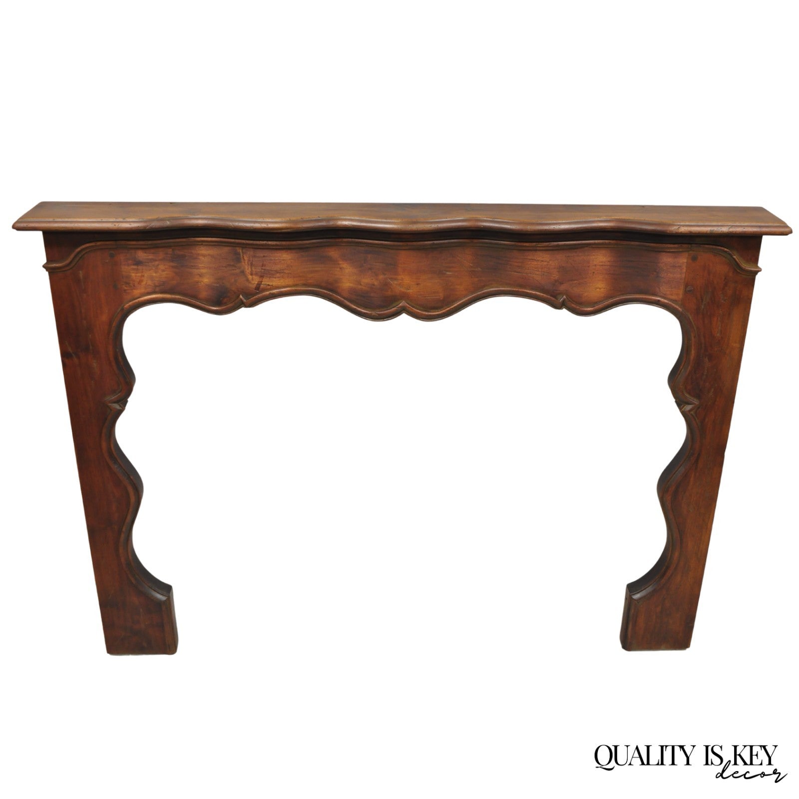 Antique Italian Provincial Carved Serpentine Scalloped Walnut Fireplace Mantel