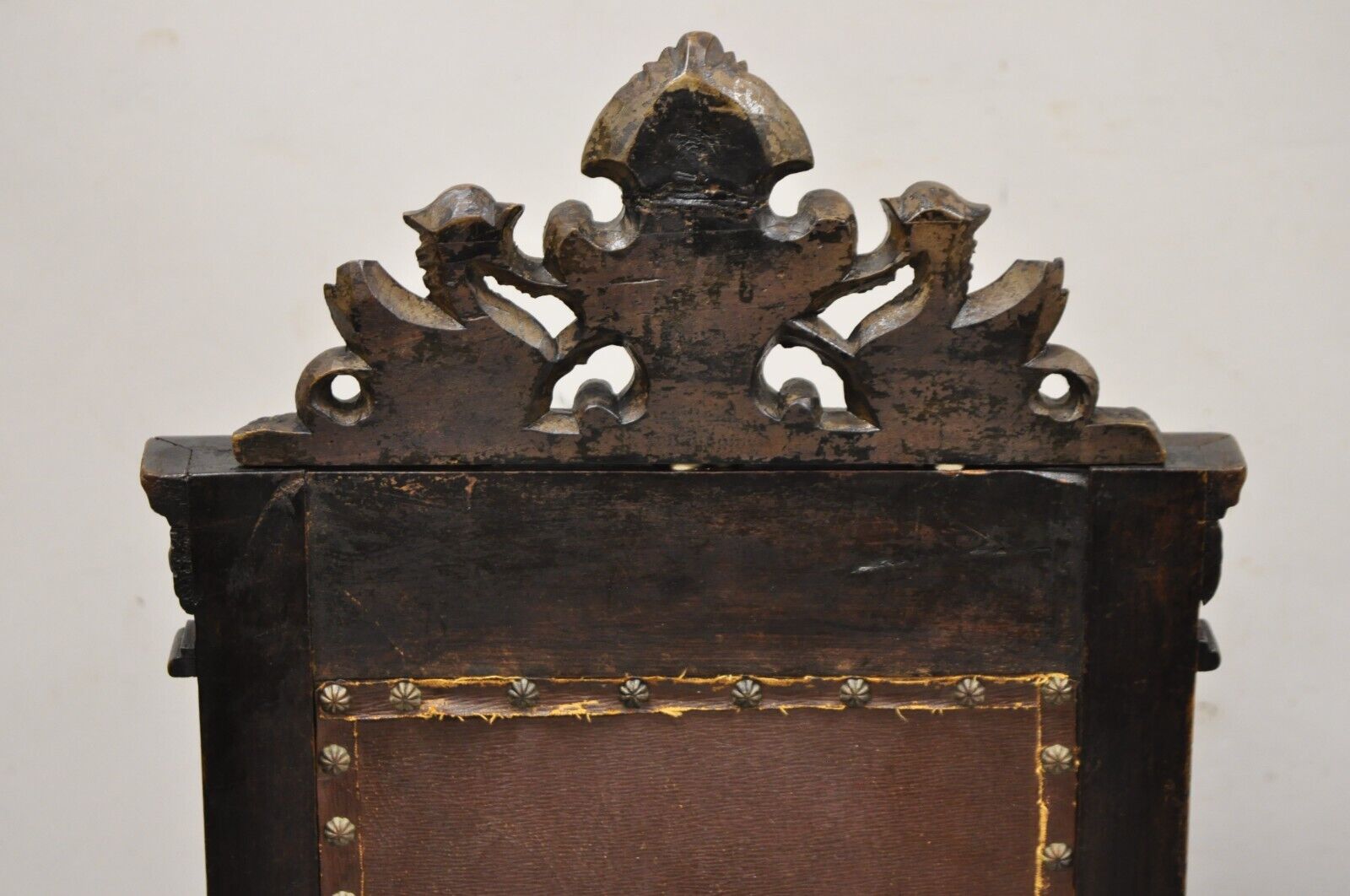 Antique Spanish Renaissance Carved Oak Wood Figural Leather Side Chairs - a Pair