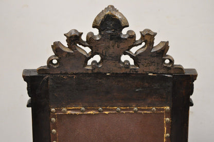 Antique Spanish Renaissance Carved Oak Wood Figural Leather Side Chairs - a Pair