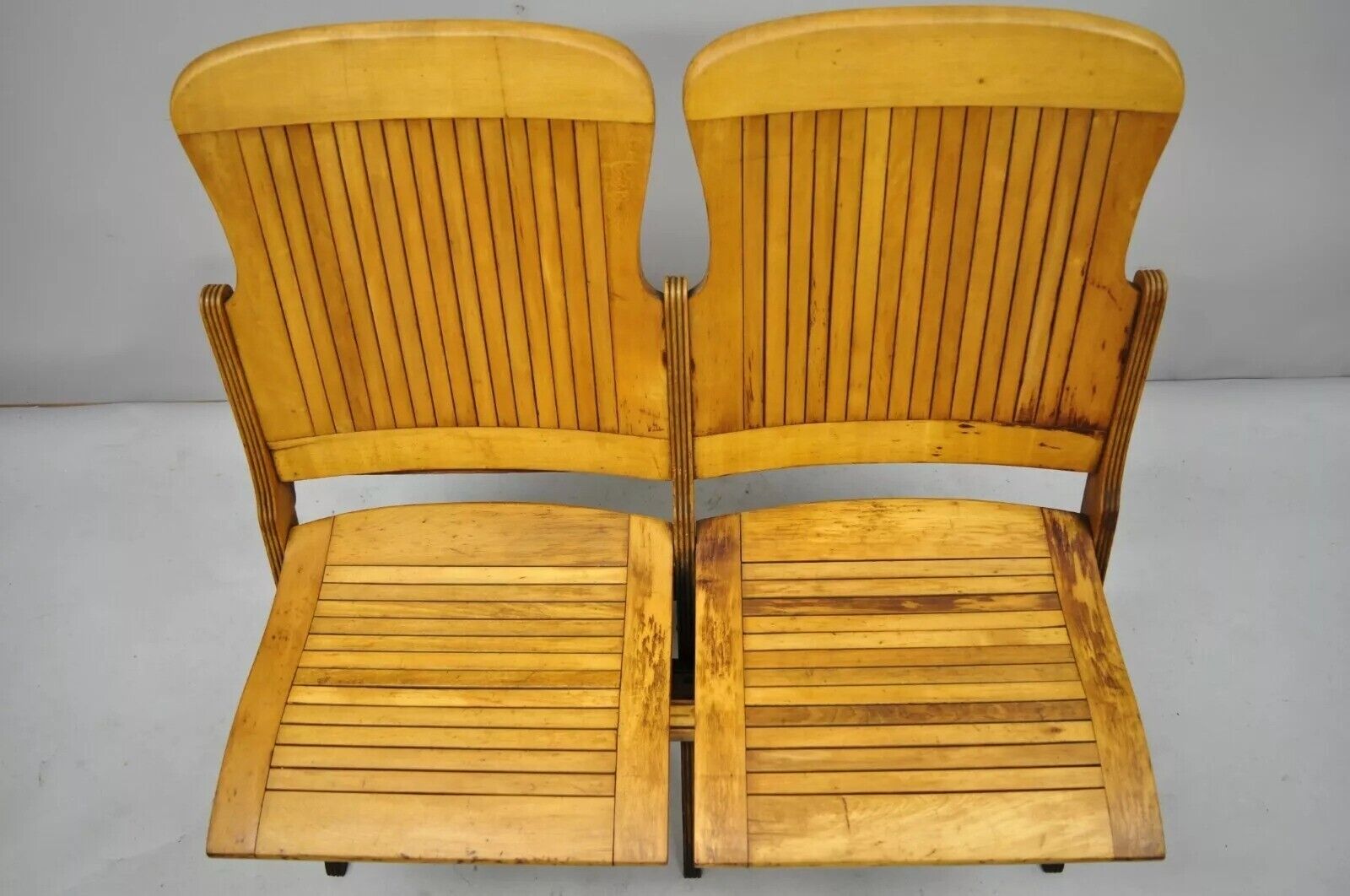 Antique Vintage Wood Slat Double Folding Theater Seat School Chair Old Bench