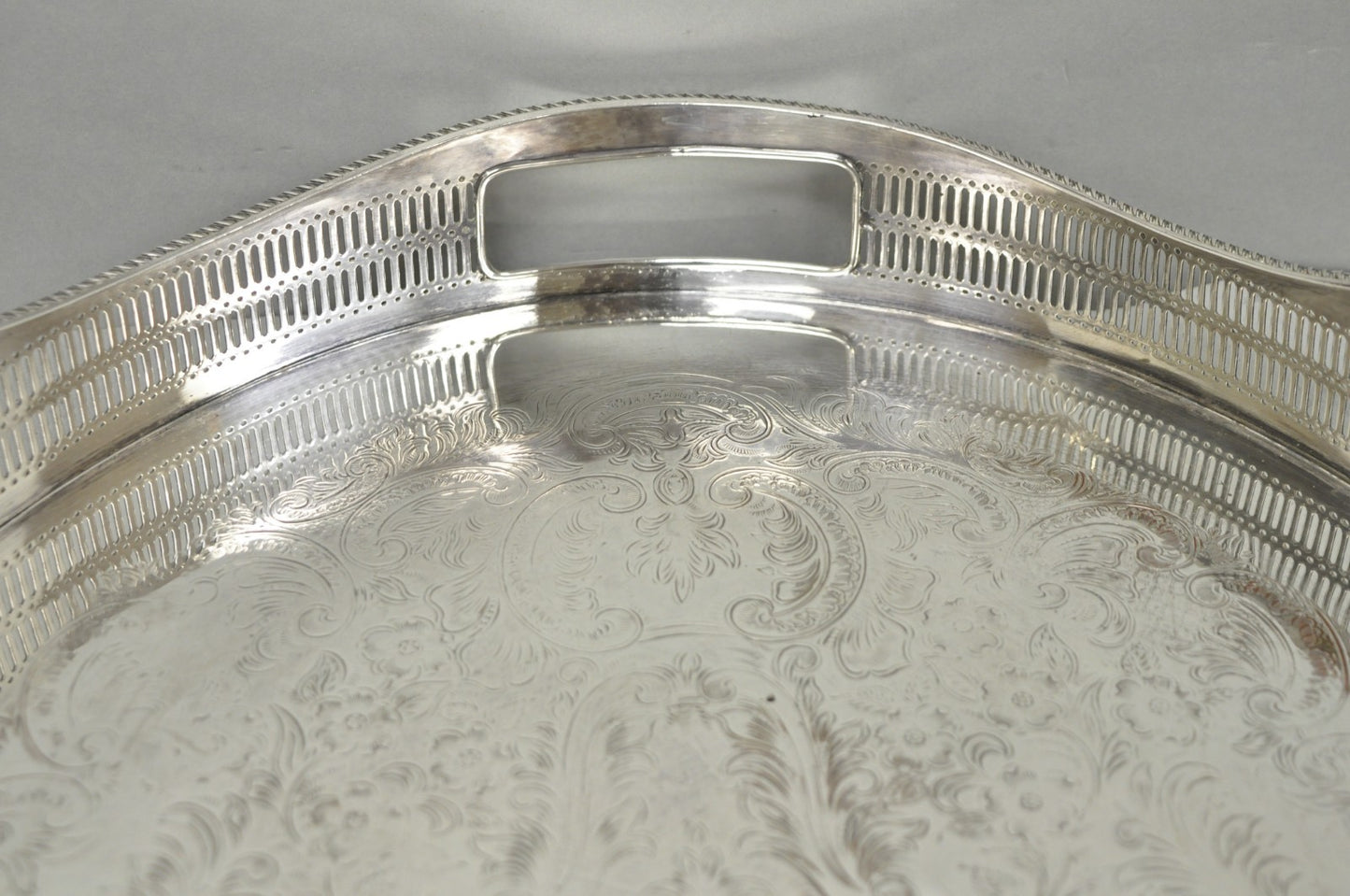 Vintage English Edwardian Silver Plated Oval Scalloped Gallery Bar Platter Tray