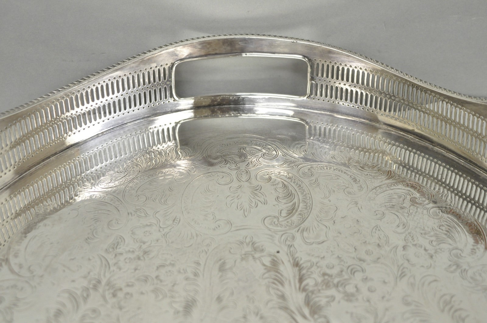 Vintage English Edwardian Silver Plated Oval Scalloped Gallery Bar Platter Tray