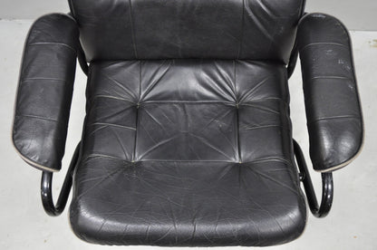 Vintage Black Leather Ekornes Stressless Style Swivel Recliner Lounge Chair
