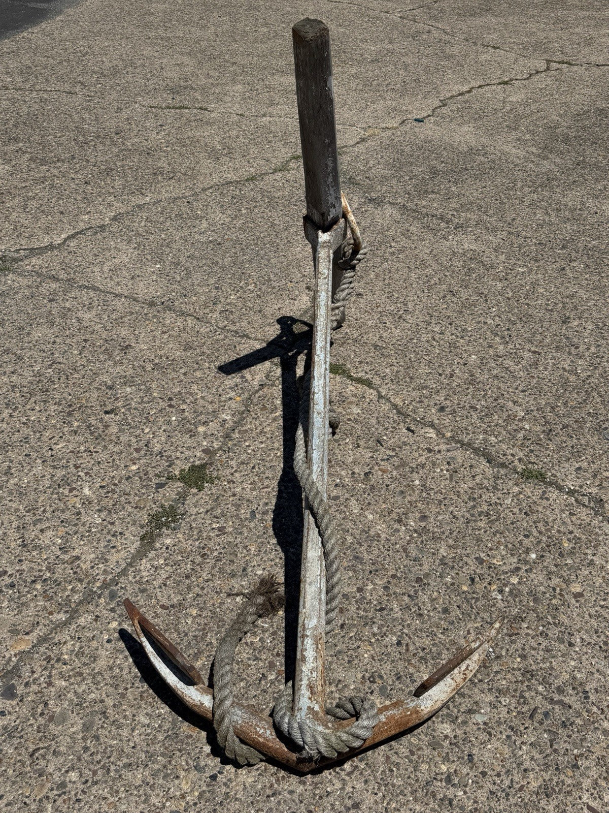 Antique English Victorian Maritime Cast Iron Large Boat Ship's Anchor and Rope