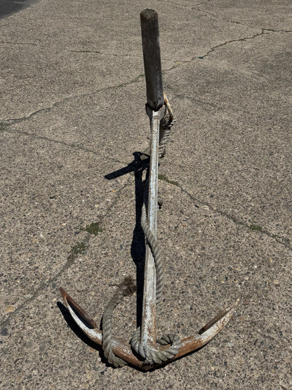 Antique English Victorian Maritime Cast Iron Large Boat Ship's Anchor and Rope
