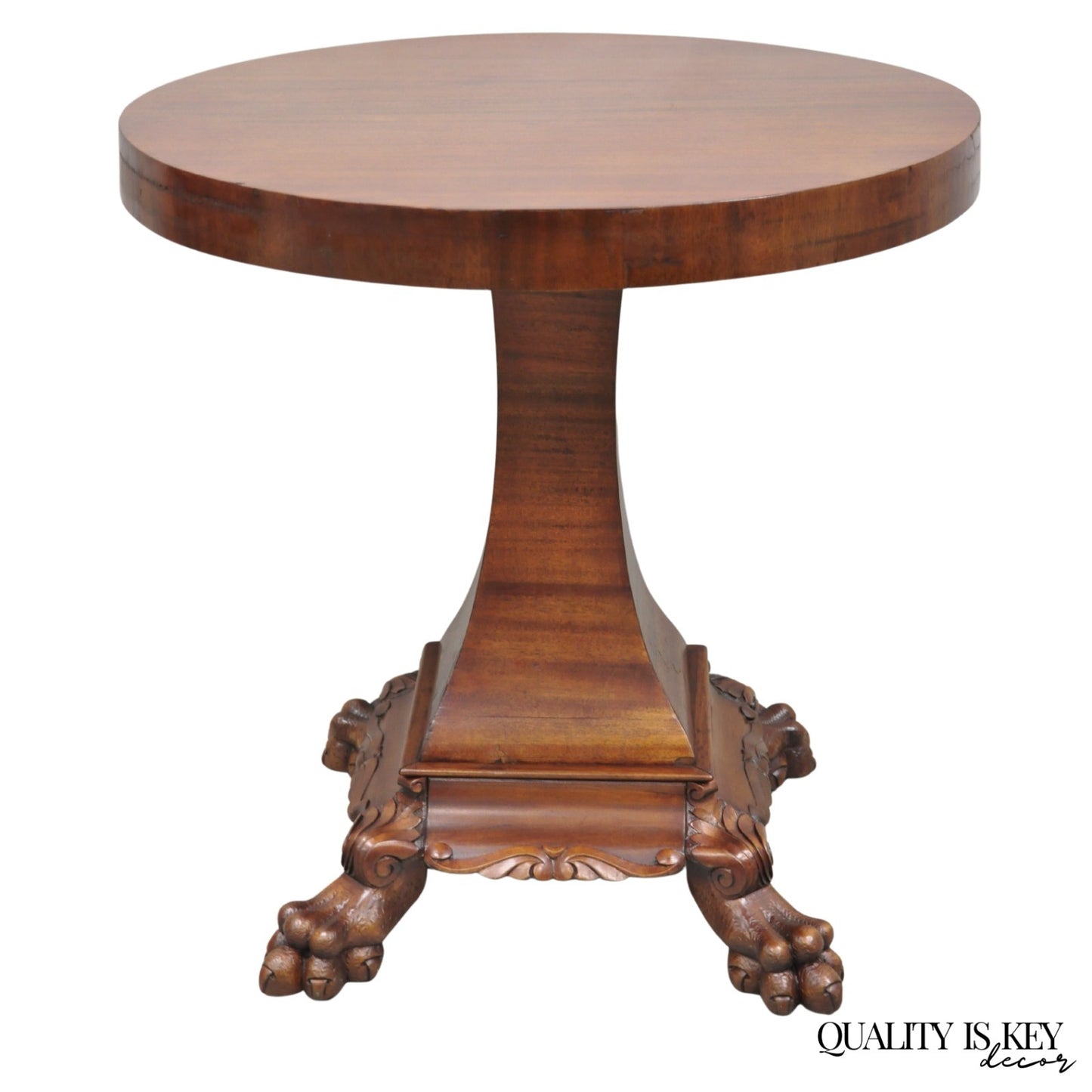 Antique American Empire Round Mahogany Carved Paw Foot Pedestal Base Side Table