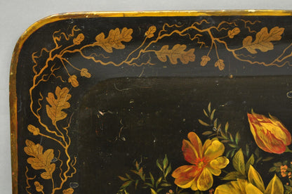 Antique French Country Tole Metal Hand Painted Floral Large Serving Platter Tray