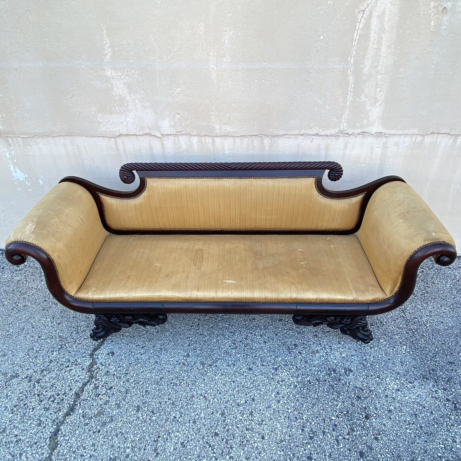 Antique American Empire Classical Carved Mahogany Paw Foot Rolled Arm Sofa
