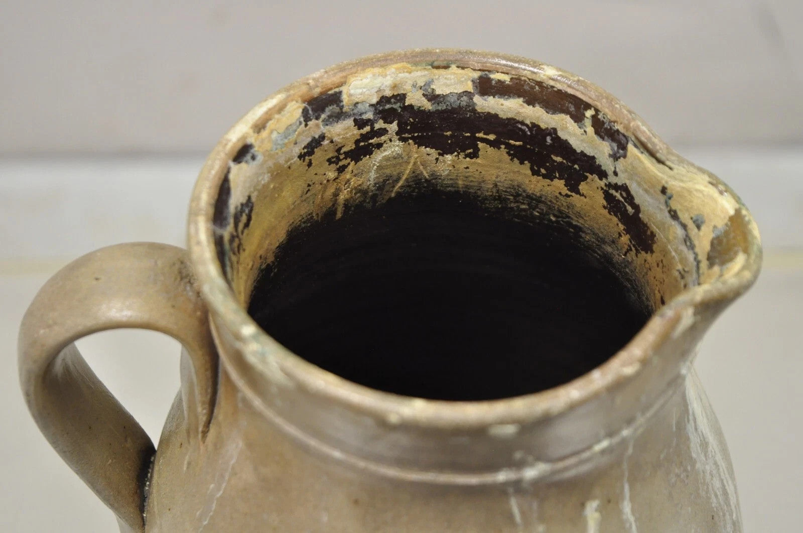 Antique Primitive Stoneware Salt Glazed 8" Bulbous Water Pitcher with Handle