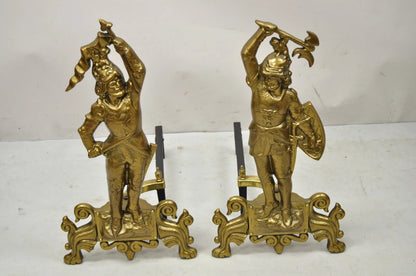 Vintage Renaissance Brass Figural Soldier Warrior Fireplace Andirons - a Pair