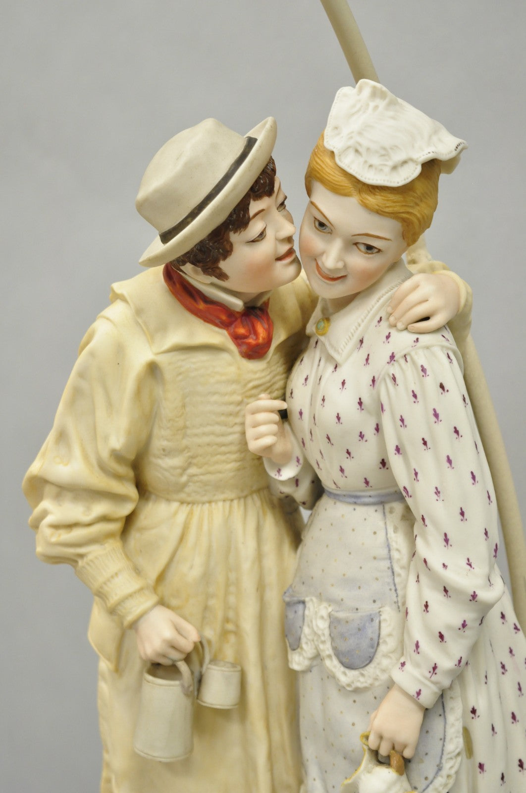 Antique Large Victorian Bisque "Taking The Cream" Porcelain Figure Table Lamp