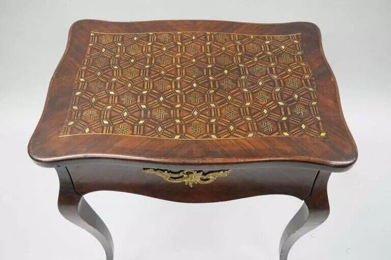 French Louis XV Napoleon III Rosewood Brass Inlay Vanity Nightstand Sewing Table