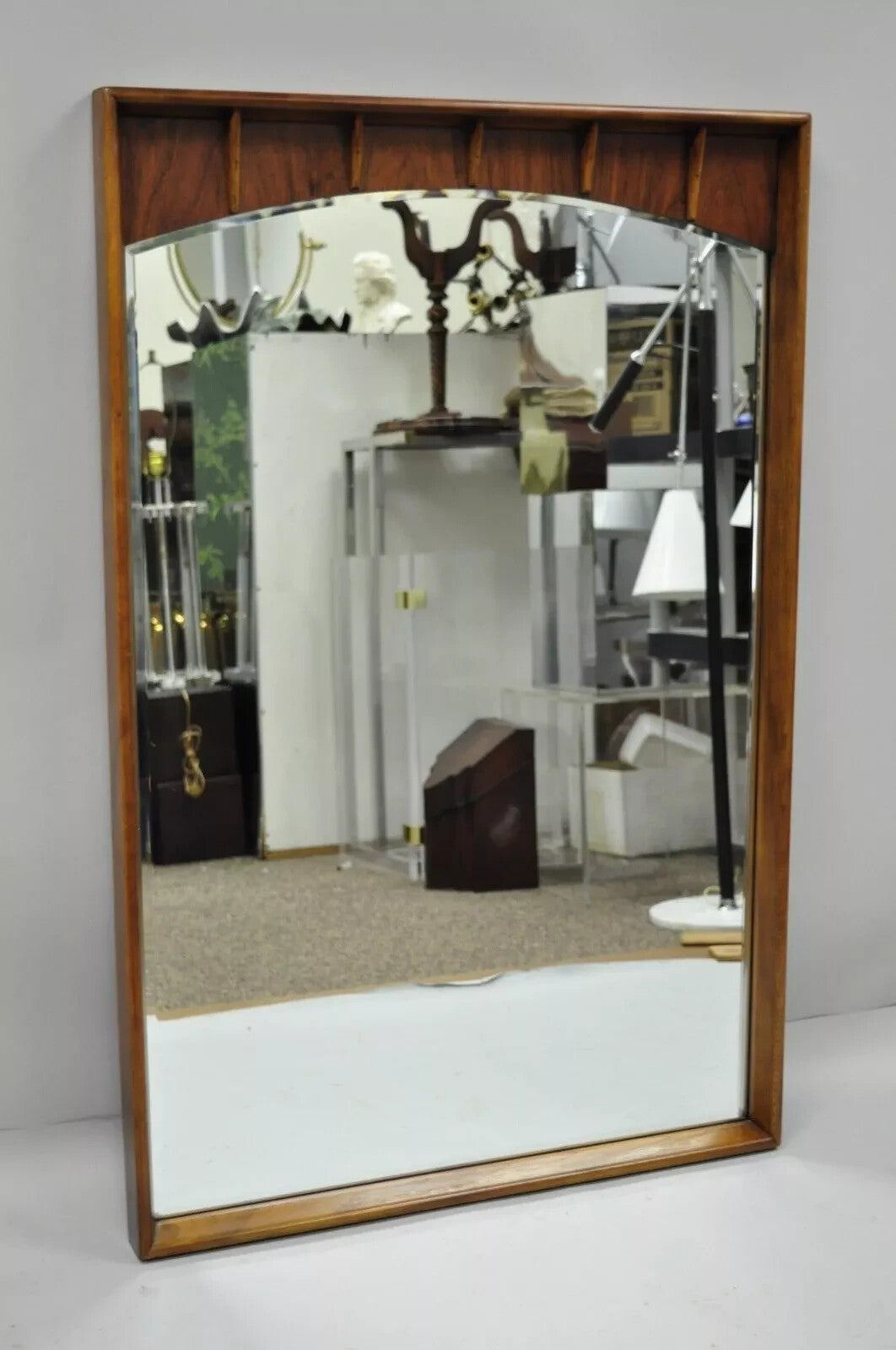 Vintage Mid Century Modern Sculpted Walnut & Rosewood Beveled Glass Wall Mirror