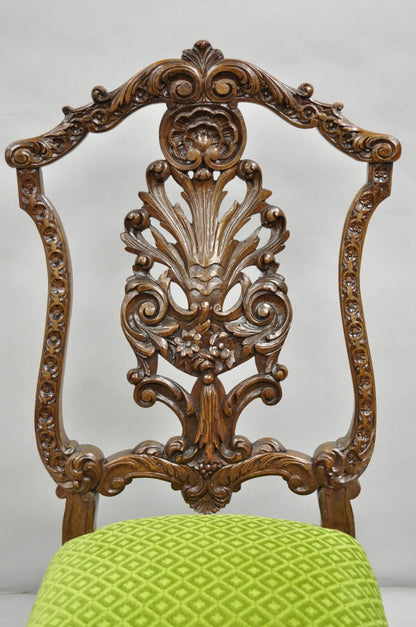 Antique French Rococo Revival Carved Walnut Dining Side Chairs - Set of 6