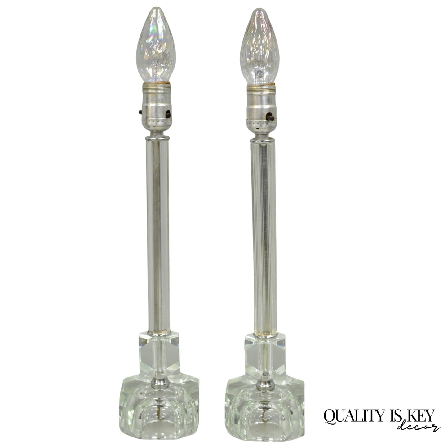 Vintage Art Deco Glass Column Candlestick Small Boudoir Vanity Bedroom Lamp Pair