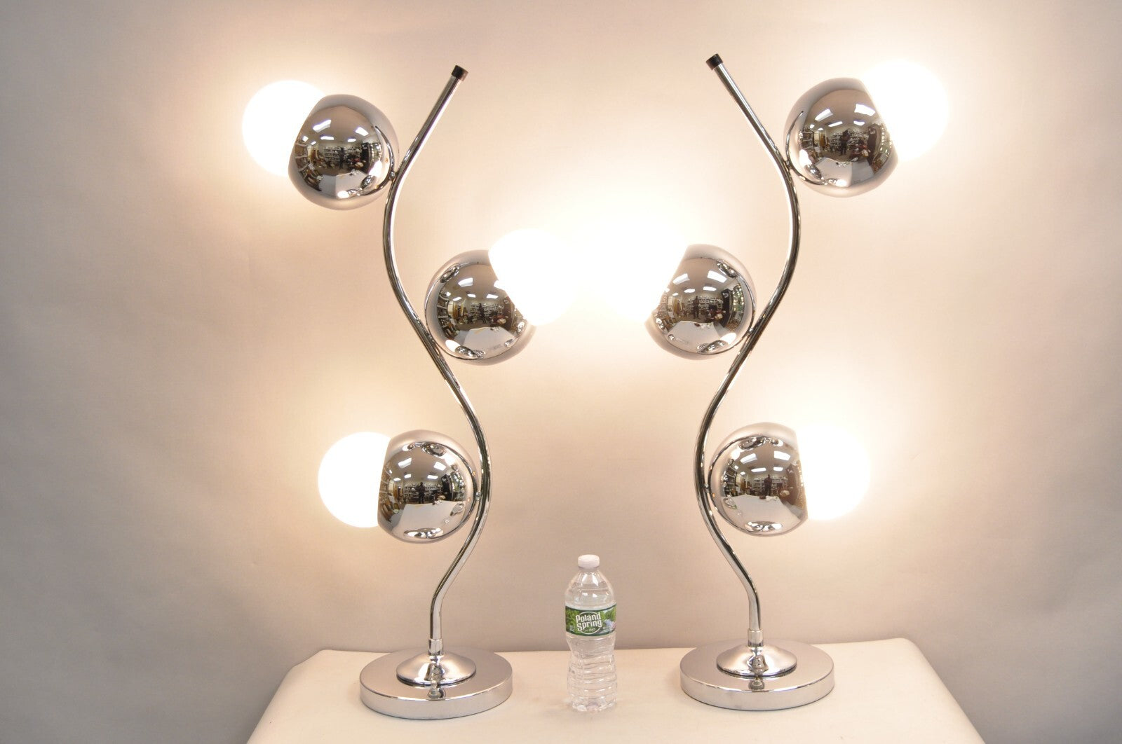 Vintage Mid Century Modern Sculptural Chrome Orb 3 Light Table Lamp -  a Pair